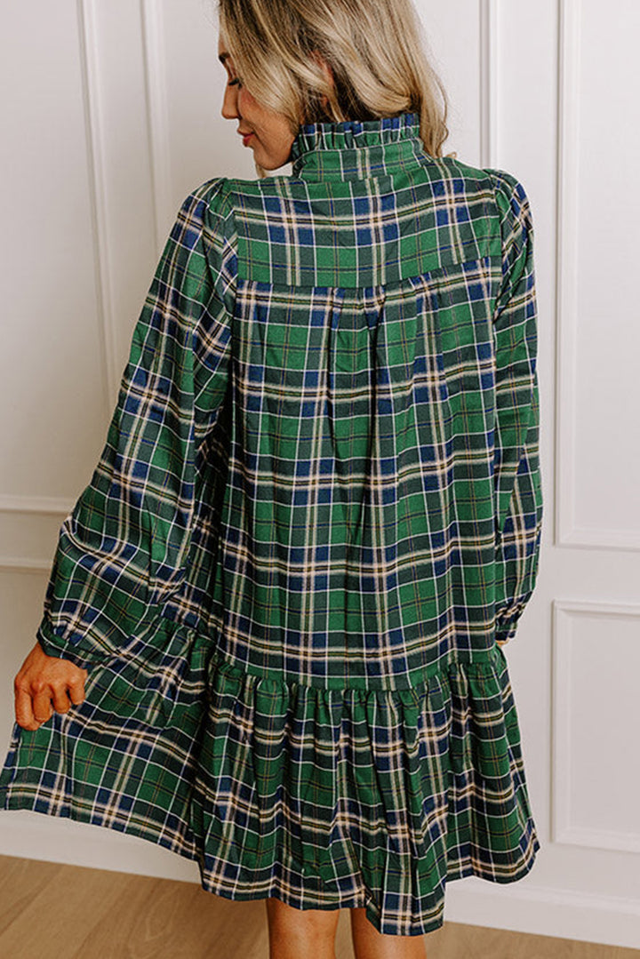Green Plaid Print Frilly Collar Long Sleeve Shift Mini Dress