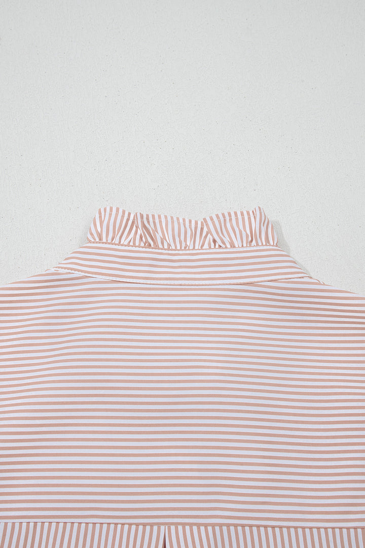Khaki Stripe Color Block Patchwork Detail Frilled Collar Button Down Shirt