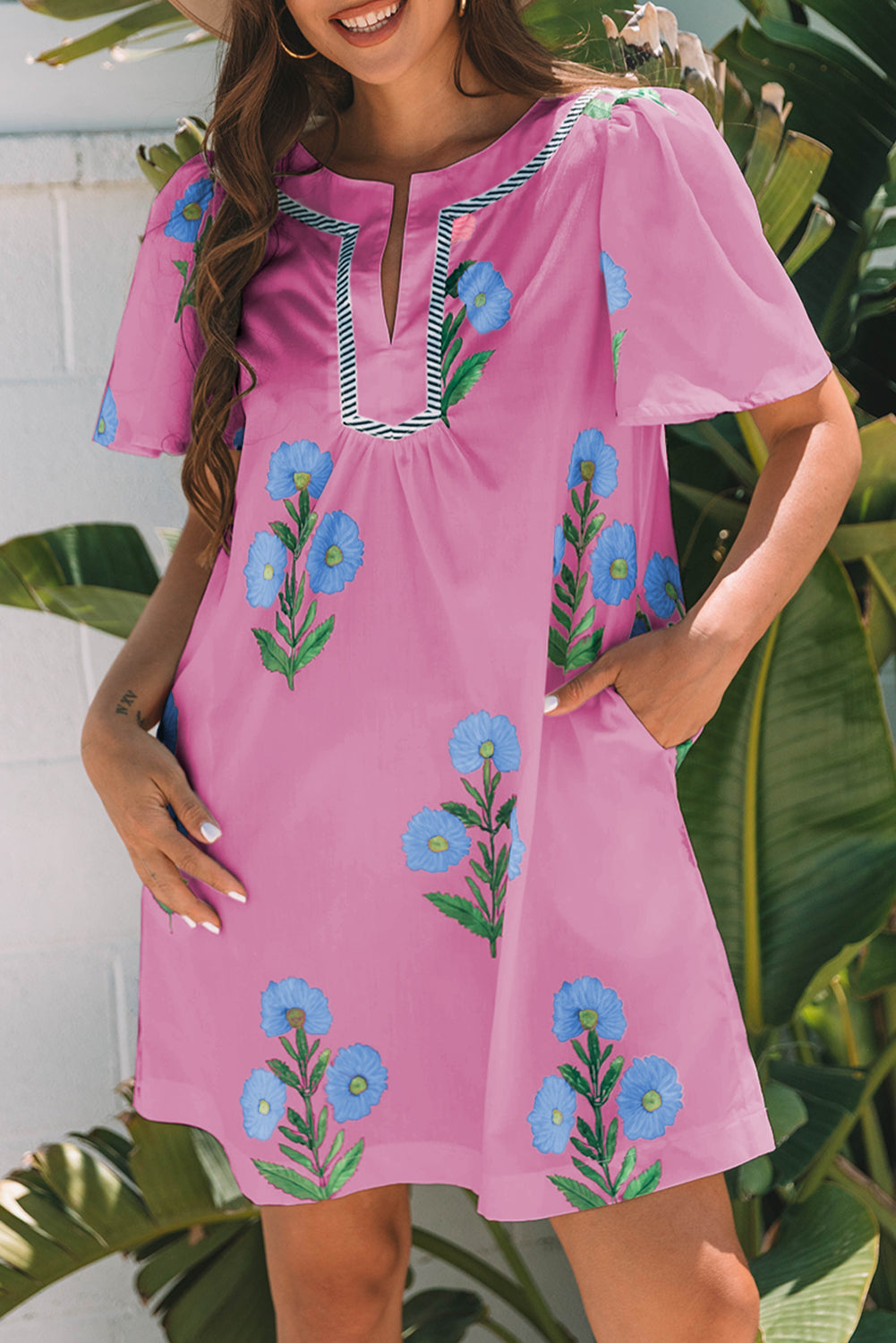 Rose Floral Short Sleeve Split Neck Loose Mini Dress