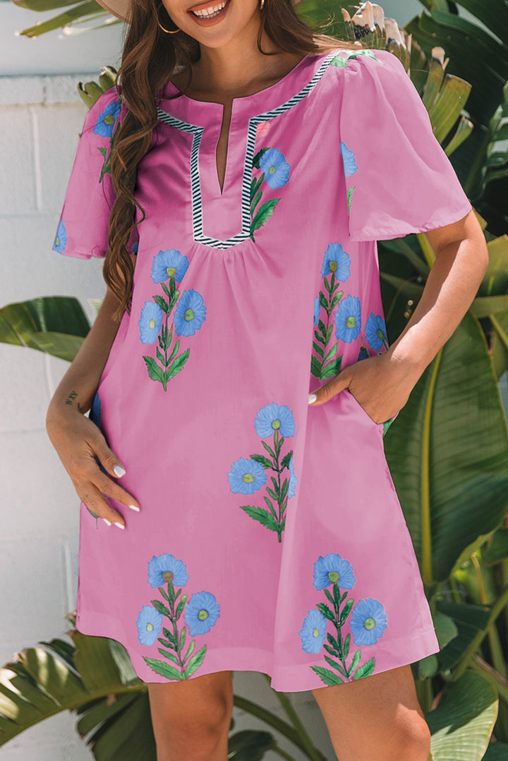 Rose Floral Short Sleeve Split Neck Loose Mini Dress