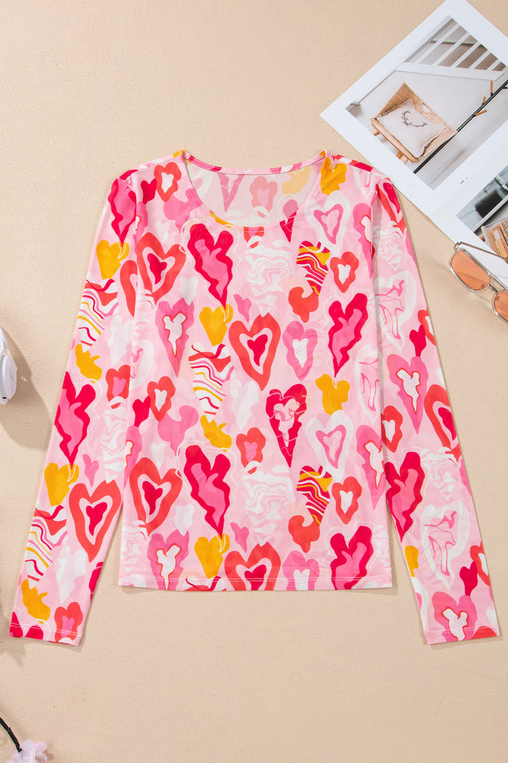 Rose Valentine Heart Mesh Long Sleeve Top