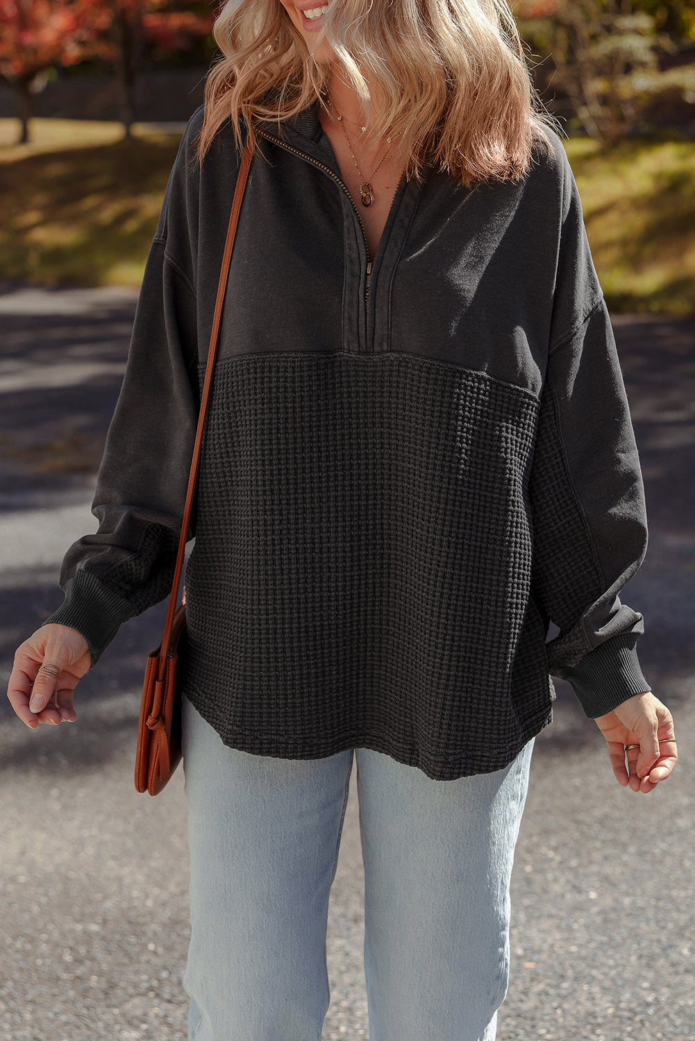 Carbon Grey Waffle Knit Patchwork Half Zipped Casual Sweatshirt