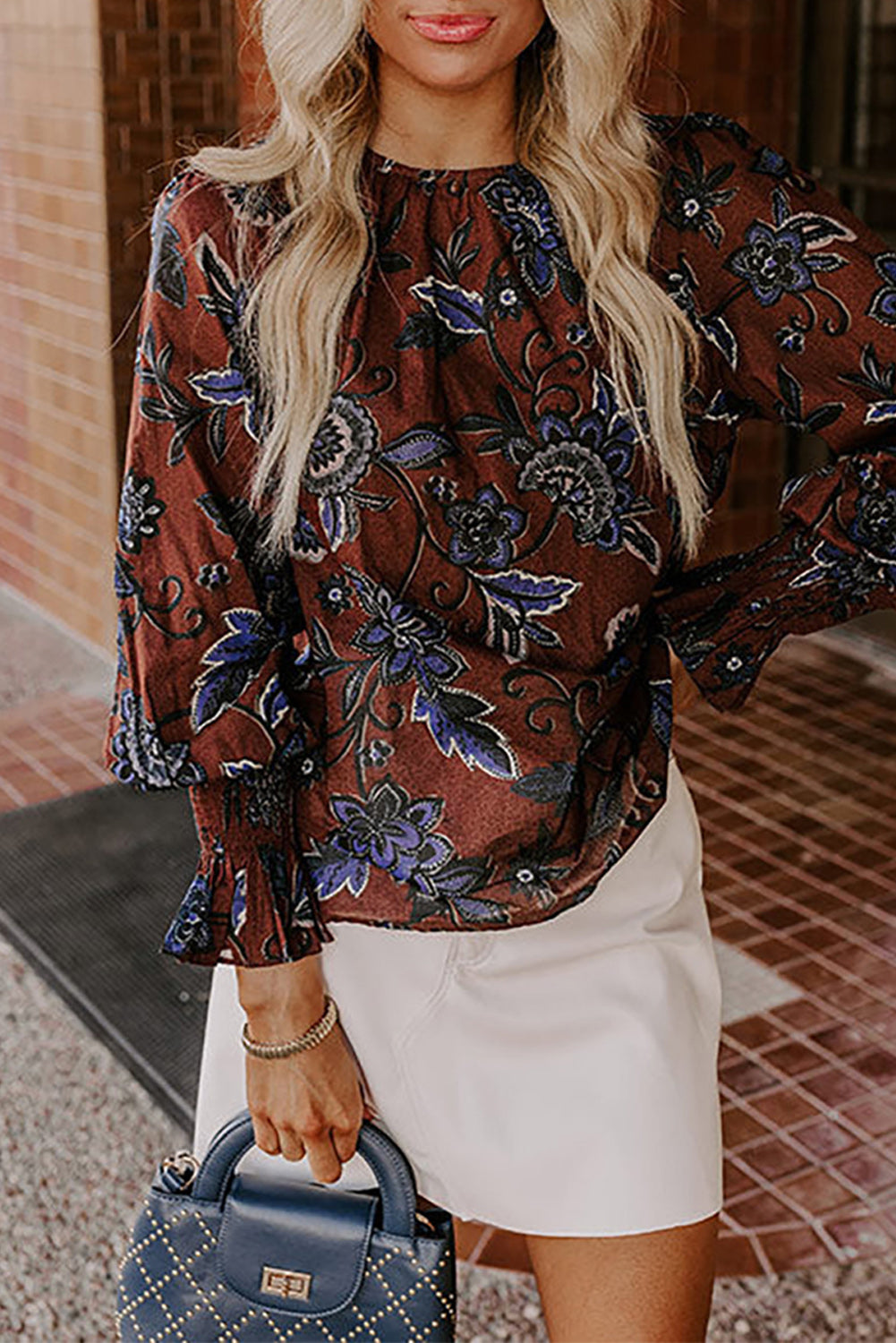 Brown Autumn Floral Print Smocked Cuffs Shift Blouse