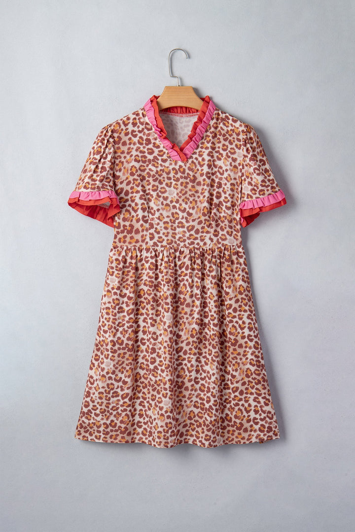 Khaki Leopard High Waist Ruffled Colorblock Trim Short Dress