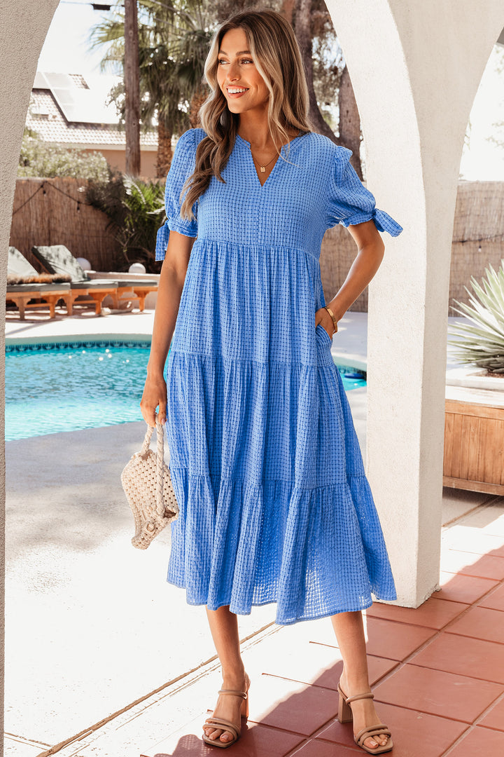 Dusk Blue Gingham Textured Bow Tie Short Sleeve Tiered Midi Dress