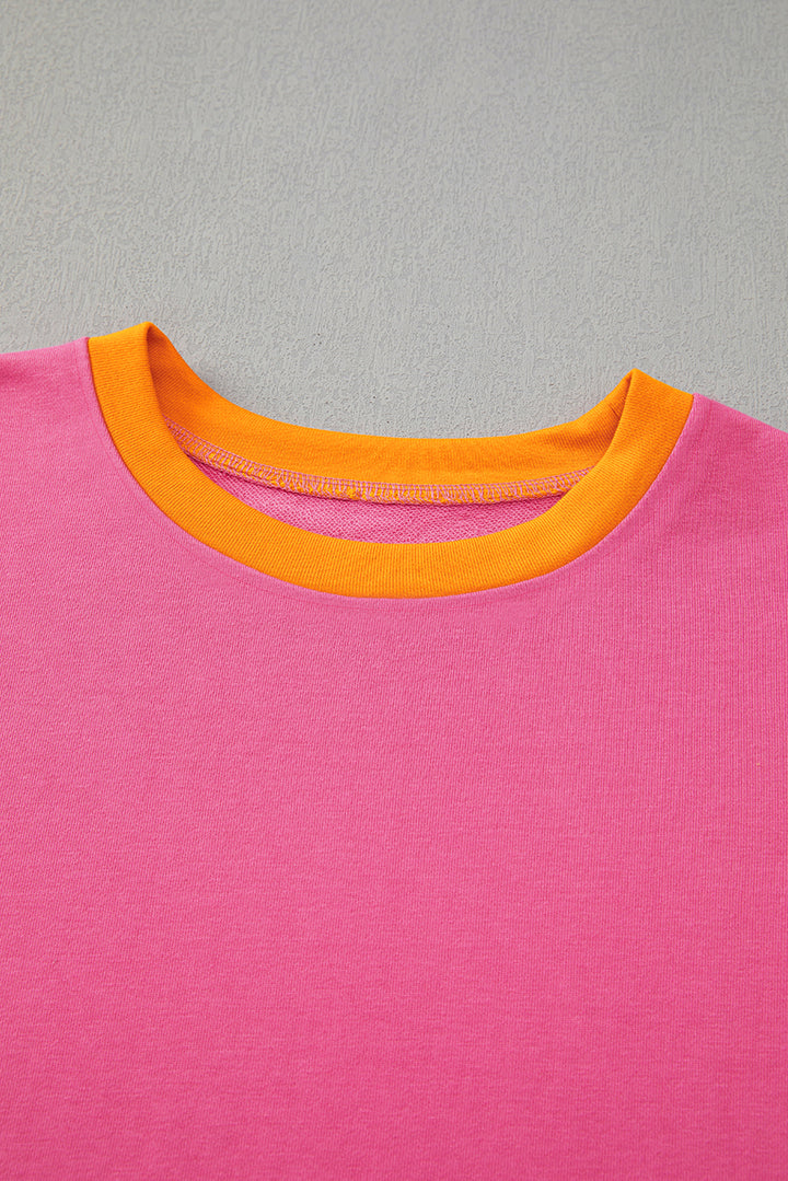 Rose Red 2pcs Color Block Pullover Loose Pant Set