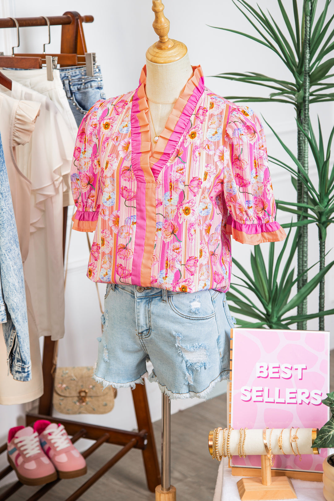 Pink Poppy Flower Striped Print Color Block Trim V Neck Short Sleeve Cotton Blouse