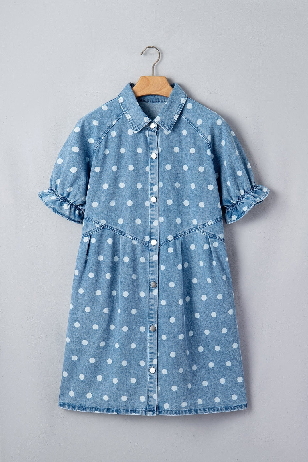 Sky Blue Polka Dot Print Ruffled Short Puff Sleeve Button Down Loose Denim Dress