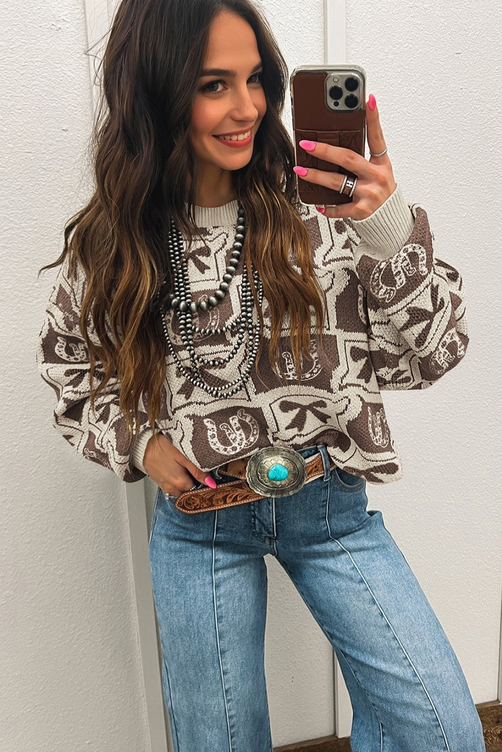 Brown Bows &amp; Horseshoes Pattern Western Fashion Print Sweater