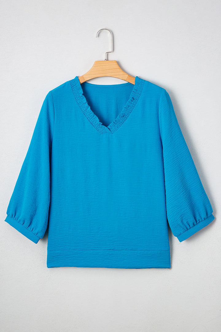 Sky Blue Frilled V Neckline Bracelet Sleeve Crinkled Blouse