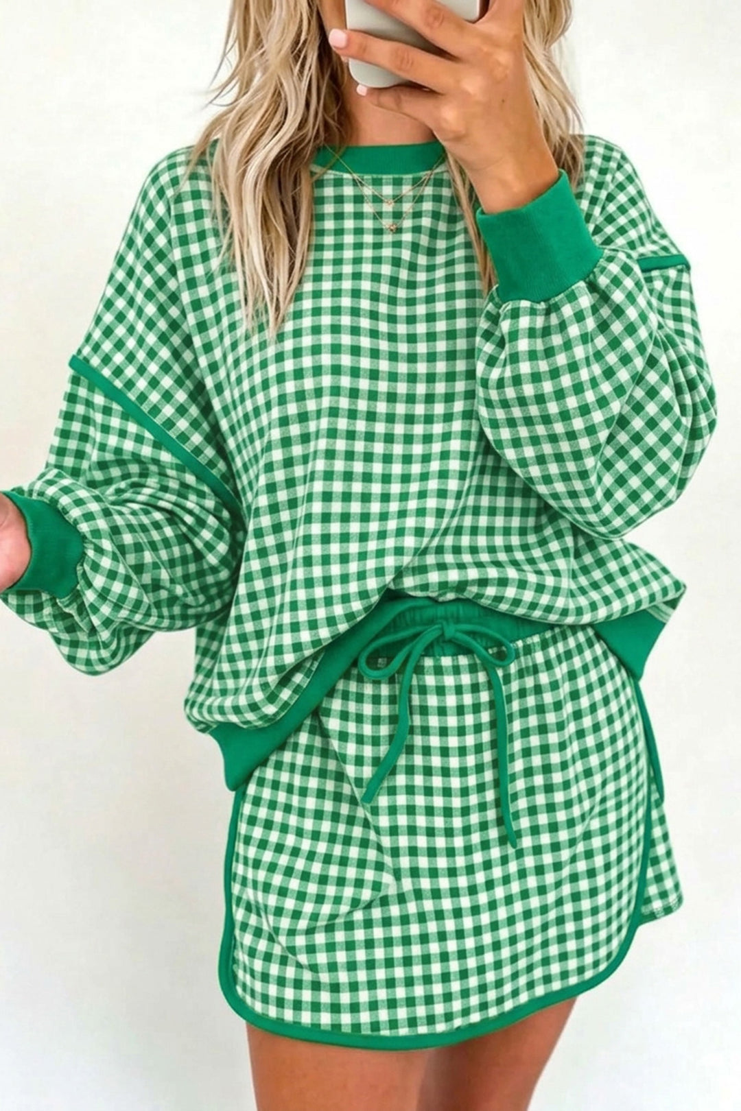Brown Gingham Oversized Ribbed Trim Crew Neck Long Sleeve Top and Skort Set
