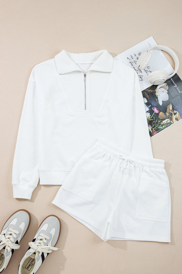 White Ribbed Collar Drop Shoulder Sweatshirt and Shorts Set