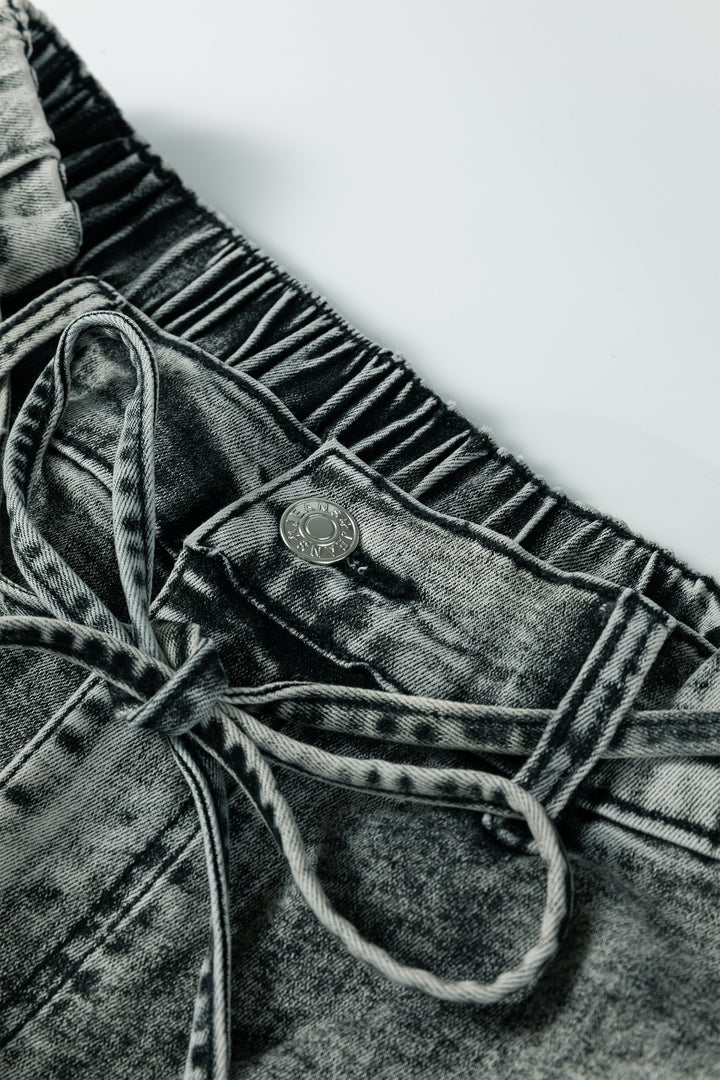 Gray Acid Wash Barrel Fit Denim Pants with Waist String