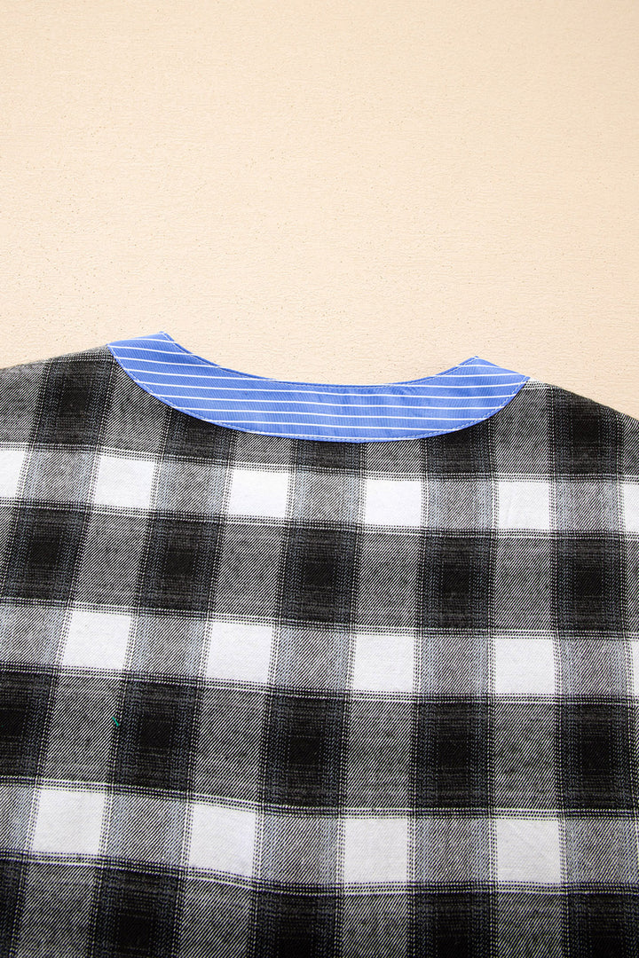 Black Contrast Striped Edge Half Placket Plaid Blouse