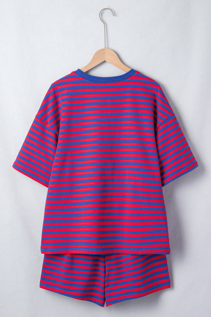 Green Stripe Striped Ribbed Cotton Two-Piece Pant Set with Chest Patch Detail