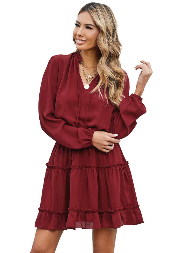 V Neck Long Sleeve Ruffle Tiered Mini Dress | Women