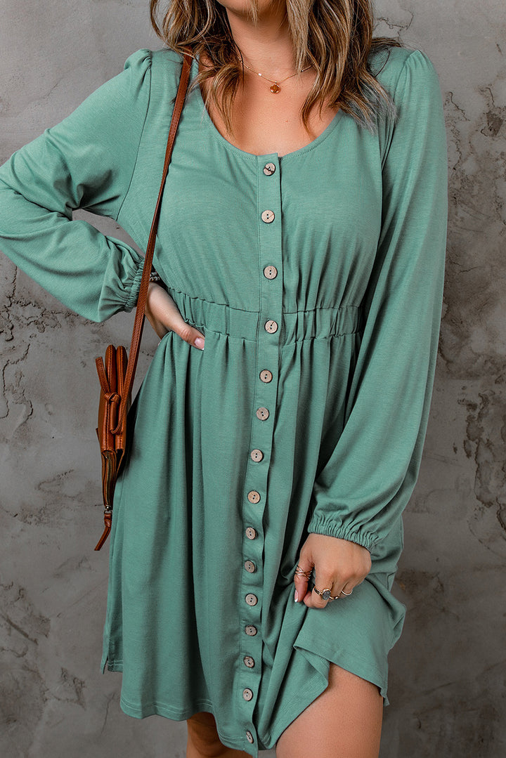 Black Button Up High Waist Long Sleeve Dress copy