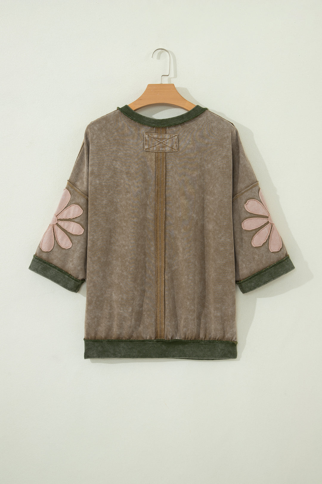 Breen Mineral Wash Raw Seam Patchwork Flower Patched 3/4 Sleeve Oversize Top