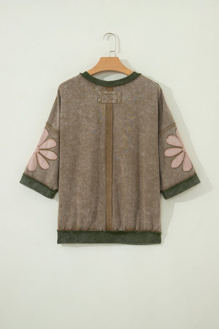Breen Mineral Wash Raw Seam Patchwork Flower Patched 3/4 Sleeve Oversize Top
