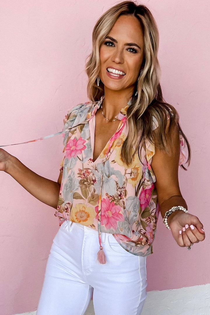 Pink Floral Print Tassel Tie Short Sleeve Blouse | Women