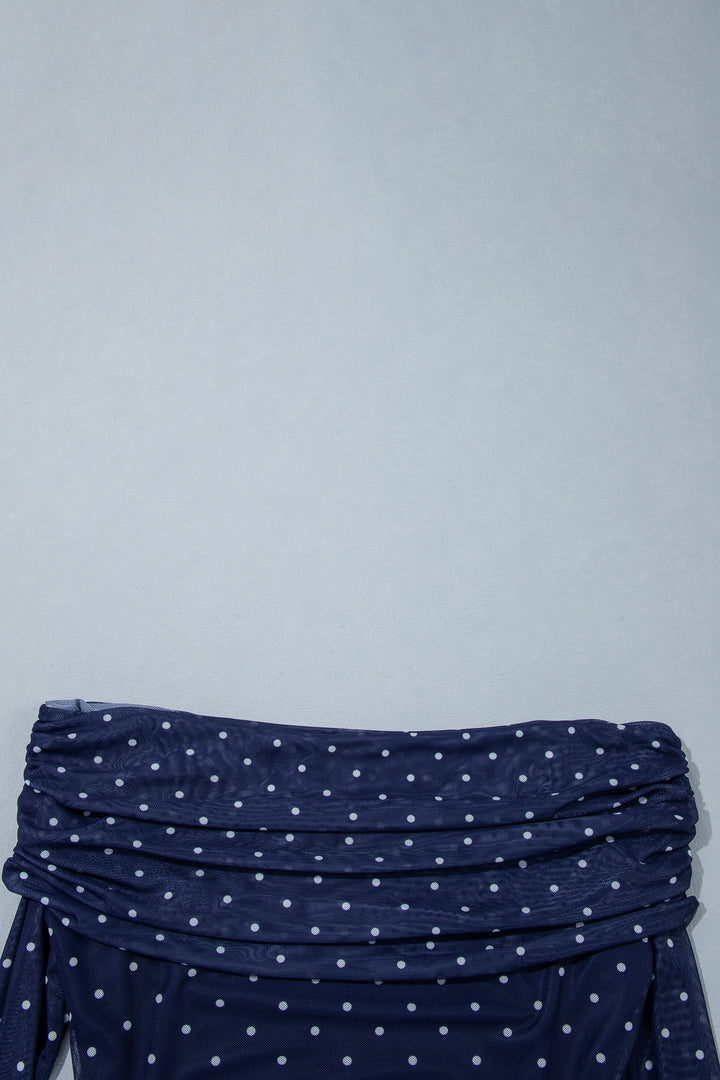 Blue Off Shoulder Polka Dot Mesh Long Sleeve Sheath Top