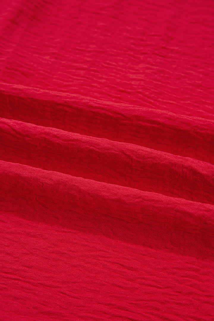 Fiery Red V Neck Collared Shirred 3/4 Sleeve Oversized Tunic Top