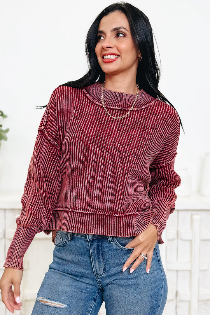 Red Dahlia Drop Shoulder High Neck Ribbed Sweater