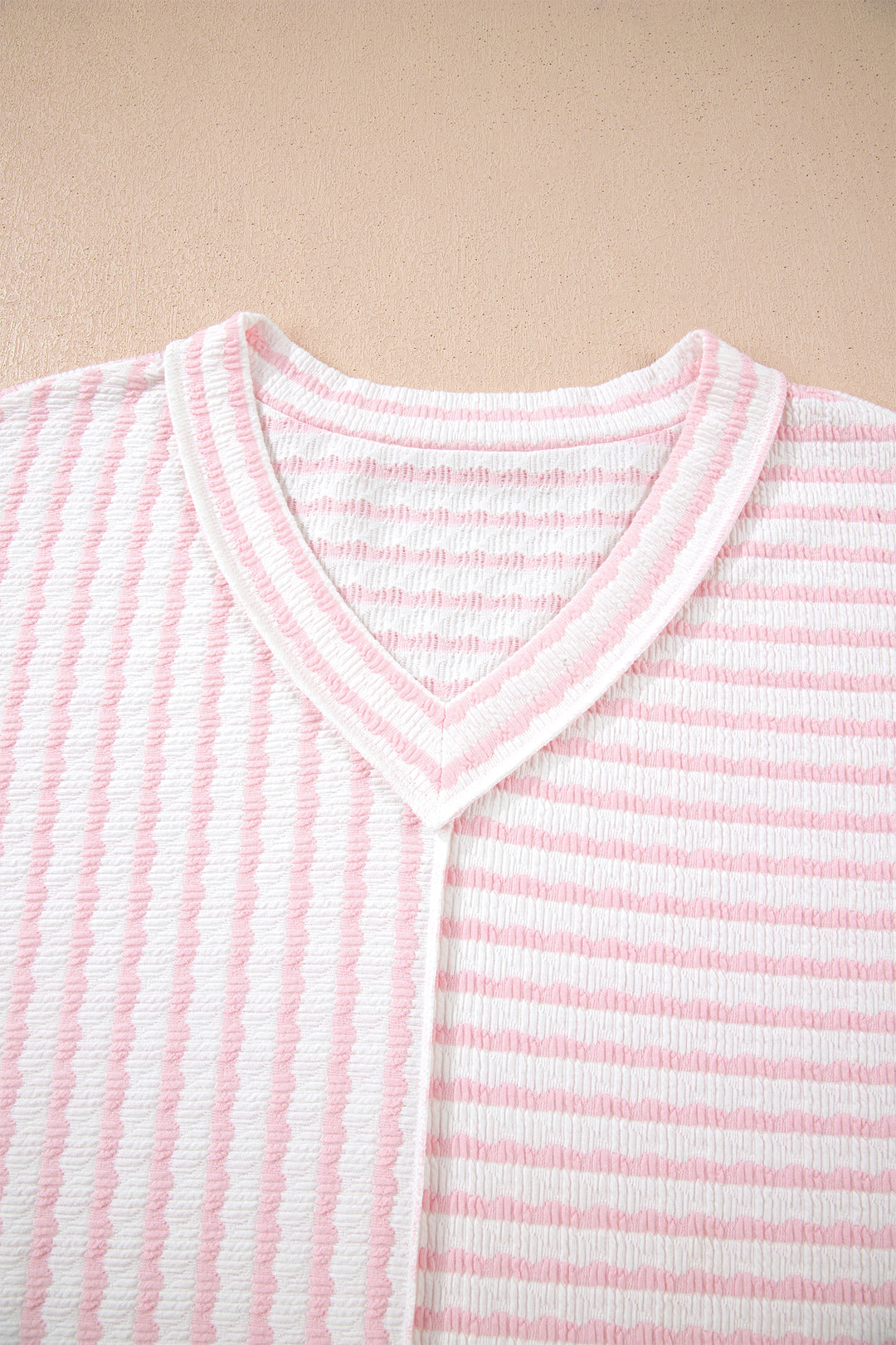 Pink Stripe Plus Size V Neck Exposed Seam Patchwork T Shirt