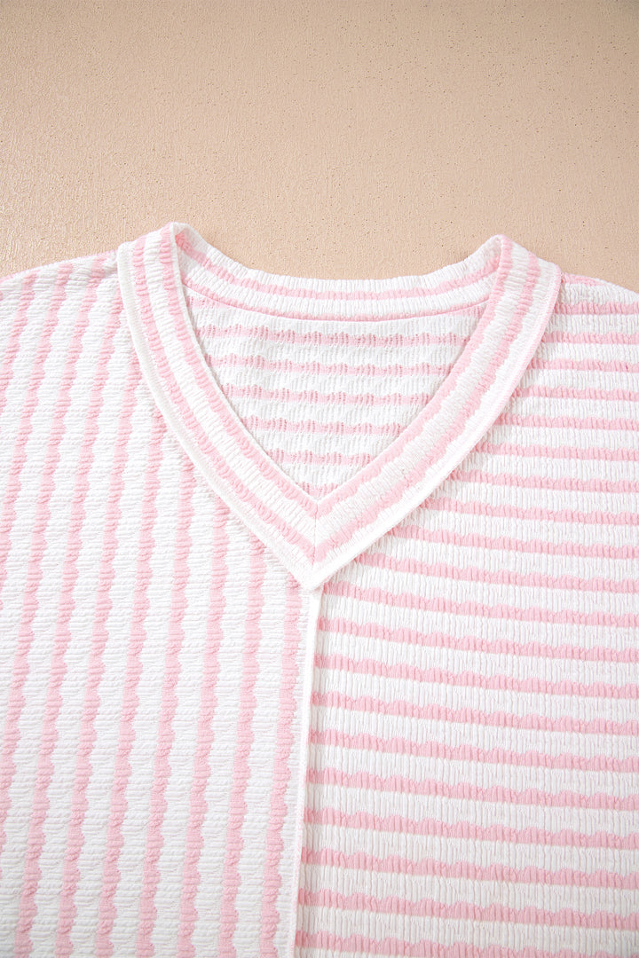 Pink Stripe Plus Size V Neck Exposed Seam Patchwork T Shirt