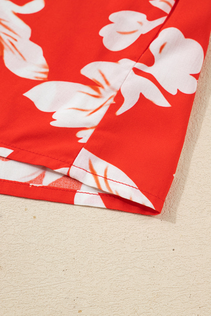 Red Plus Size Floral Print Loose Button Up Shirt