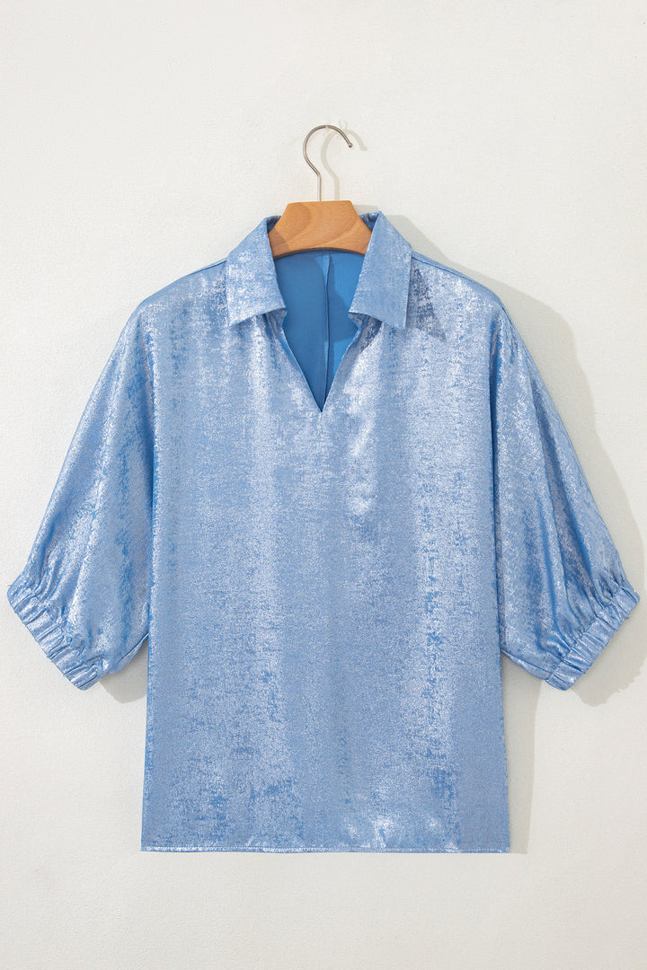 Myosotis Collared V Neck Half Sleeve Metallic Top