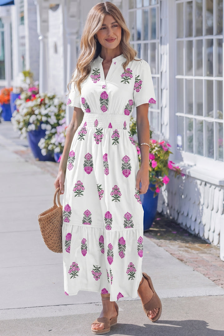 Green Floral Print Split Neck Shirred High Waist Ruffle Hem Maxi Dress