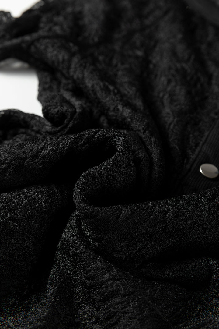 Black Sheer Lace Long Sleeve Slim Henley Top