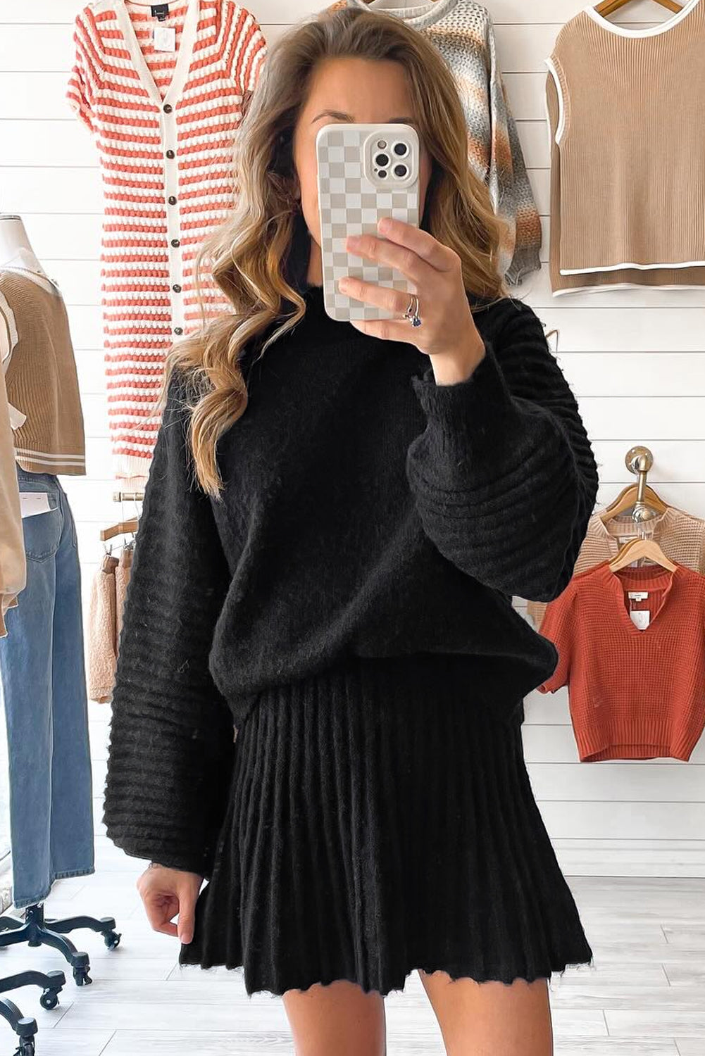 Smoke Gray Lantern Sleeve Sweater Pleated Knitted Mini Skirt Set