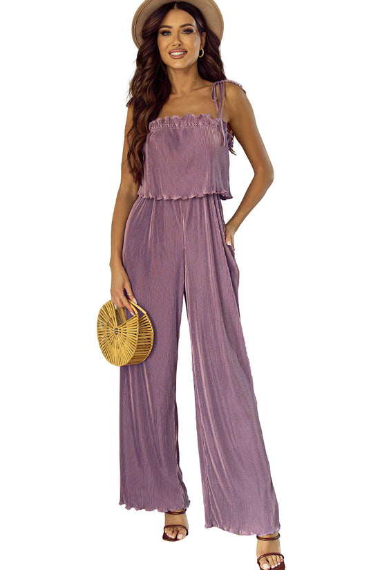 Rose Tan Solid Self Tied Straps Pleated Wide Leg Jumpsuit | Women