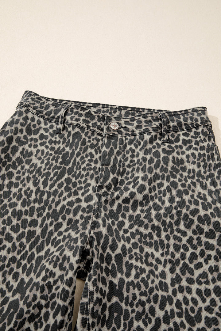 Black Leopard Print Wide Leg High Waist Jeans