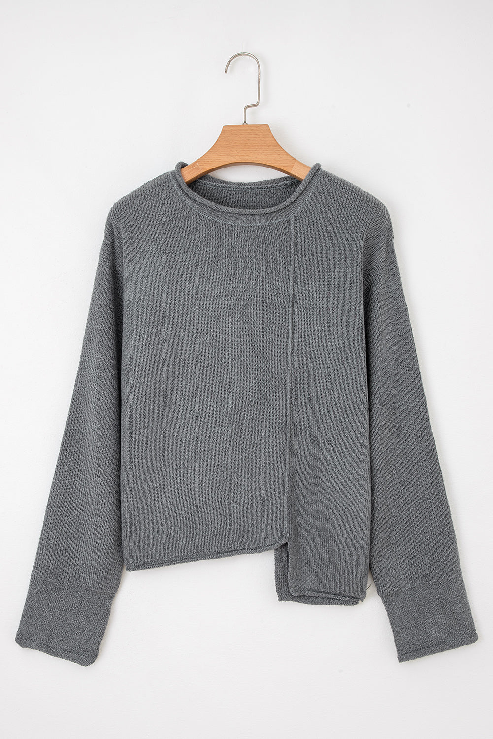 Medium Grey Raw Edge Uneven Hem Patchwork Drop Shoulder Sweater