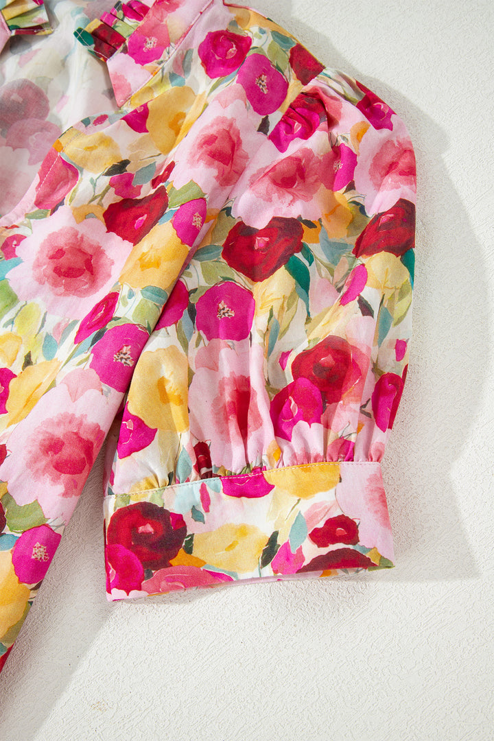 Pink Floral Frilled V Neck Puff Short Sleeve Cotton Blouse