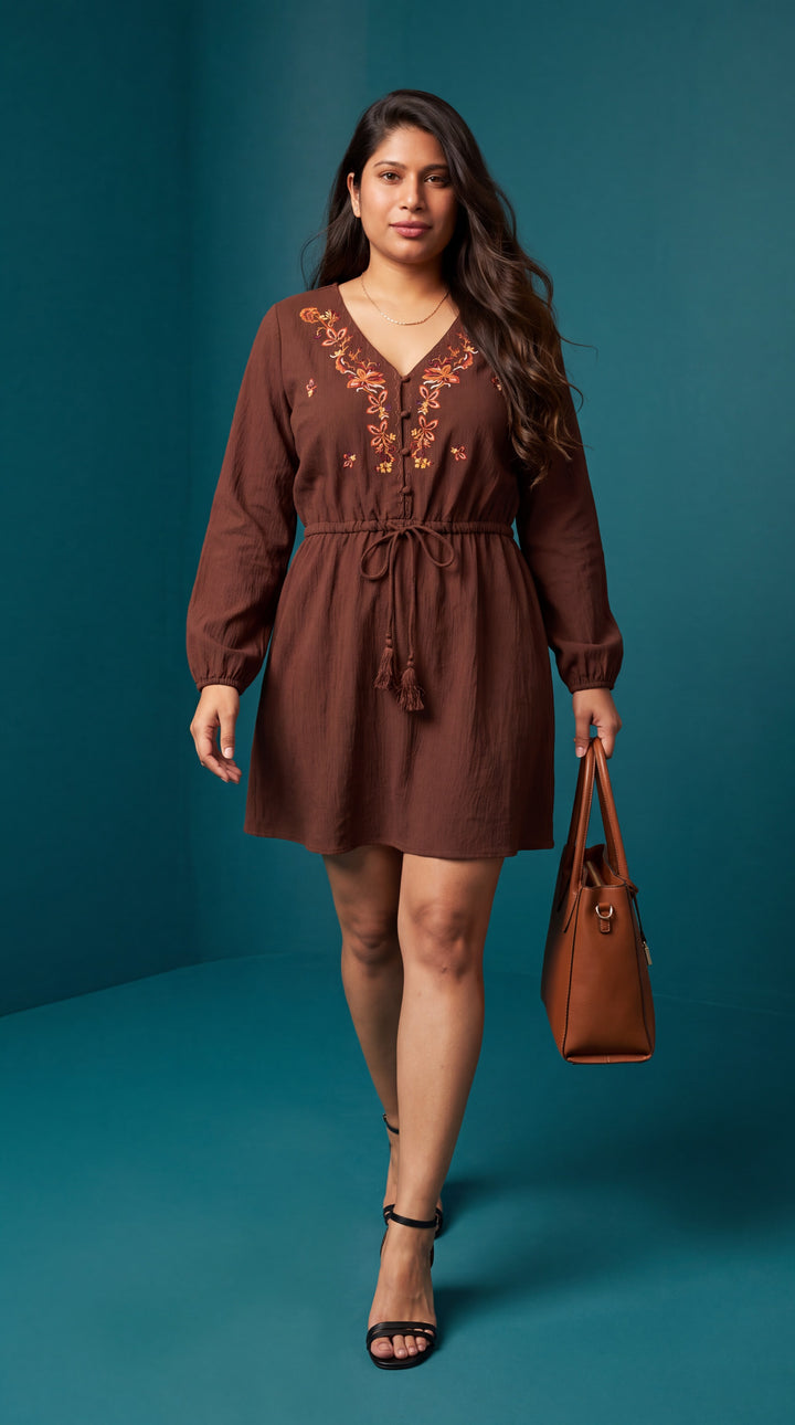 Burgundy Floral Embroidered Tassel Tie Waist Long Sleeve Mini Dress