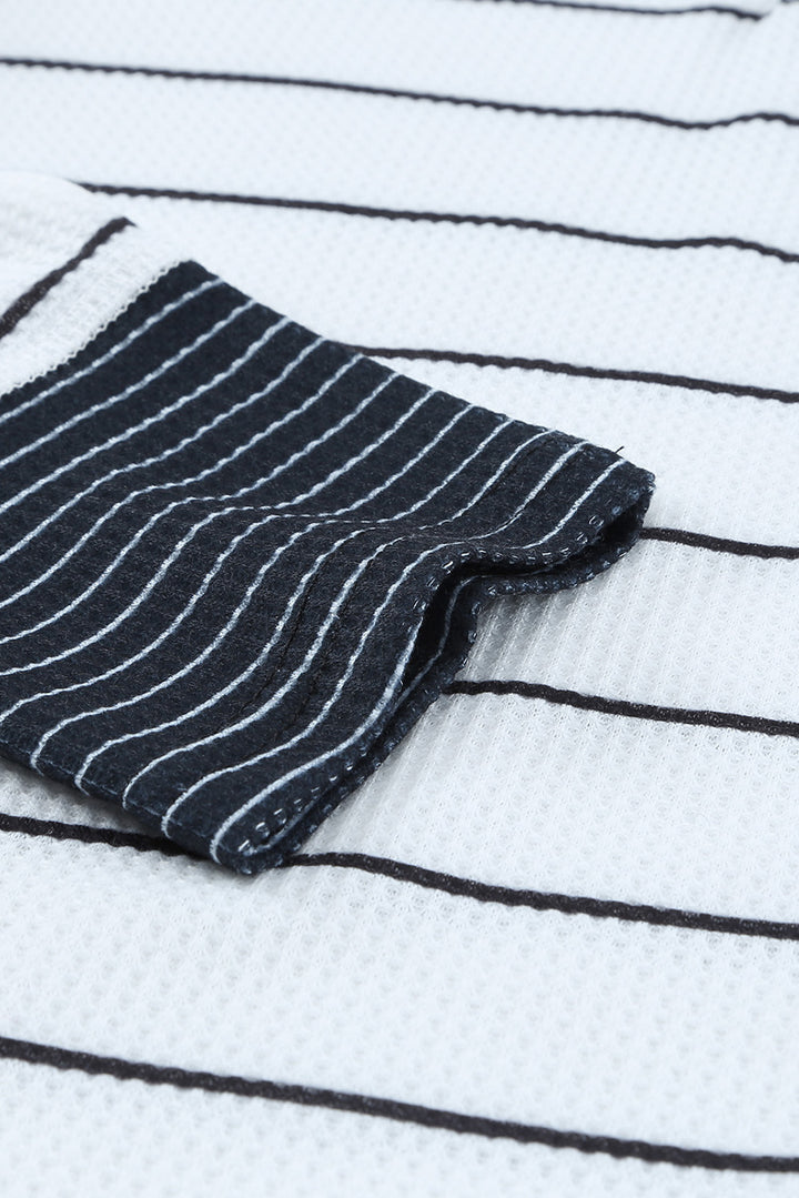 White Striped Buttoned Henley Waffle Knit Top