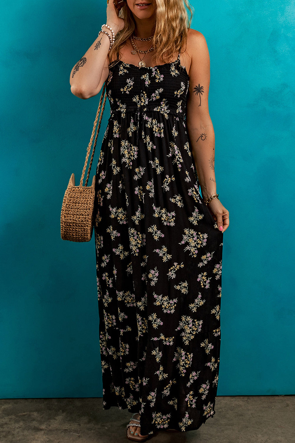 Black Floral Spaghetti Strap Shirred Bodice Tied Empire Waist Maxi Dress