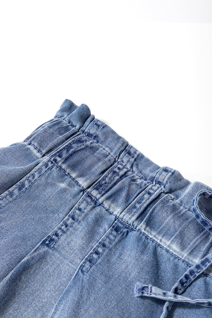 Dusk Blue Raw Hem Lace-up High Waist Plus Size Denim Shorts