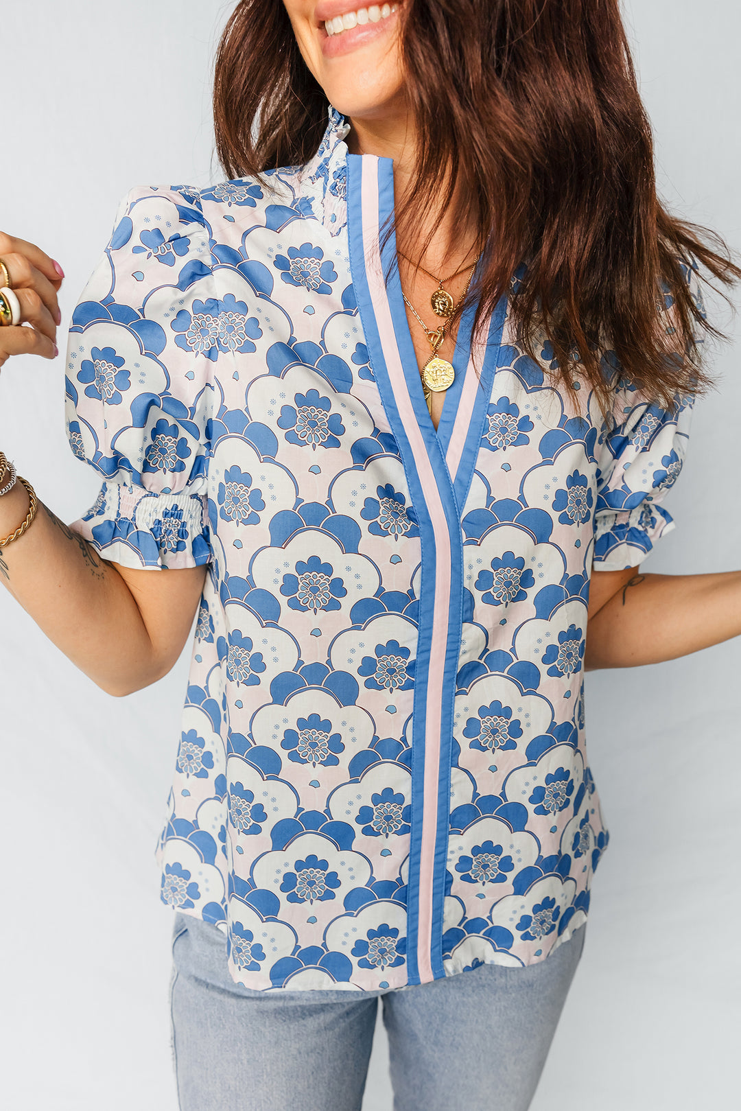 Sky Blue Floral Print Flounced Short Sleeve Contrast Trim V Neck Blouse