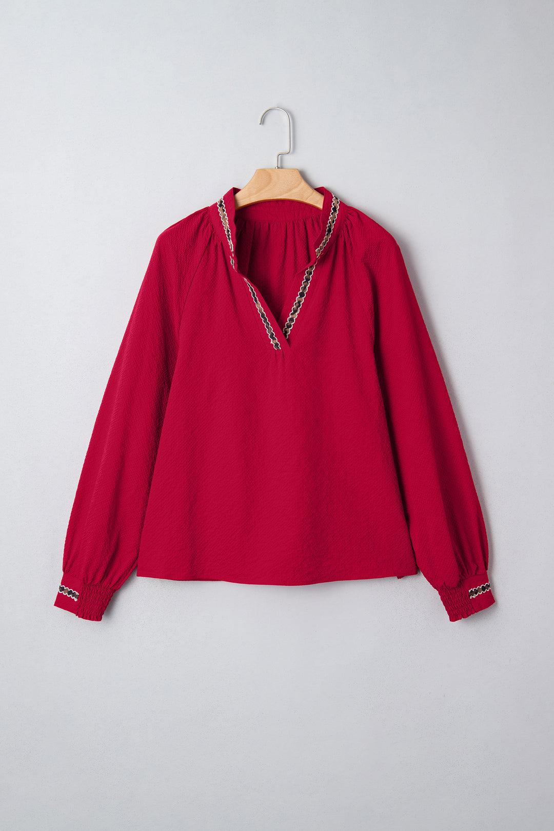 Racing Red Leopard Jacquard Print V Neck Textured Blouse