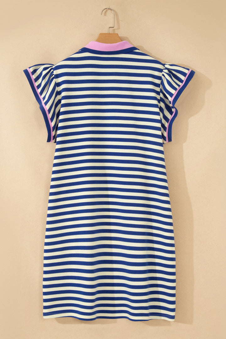 Dark Blue Striped Shift Dress Colorblock V Neck Short Sleeve Casual Summer