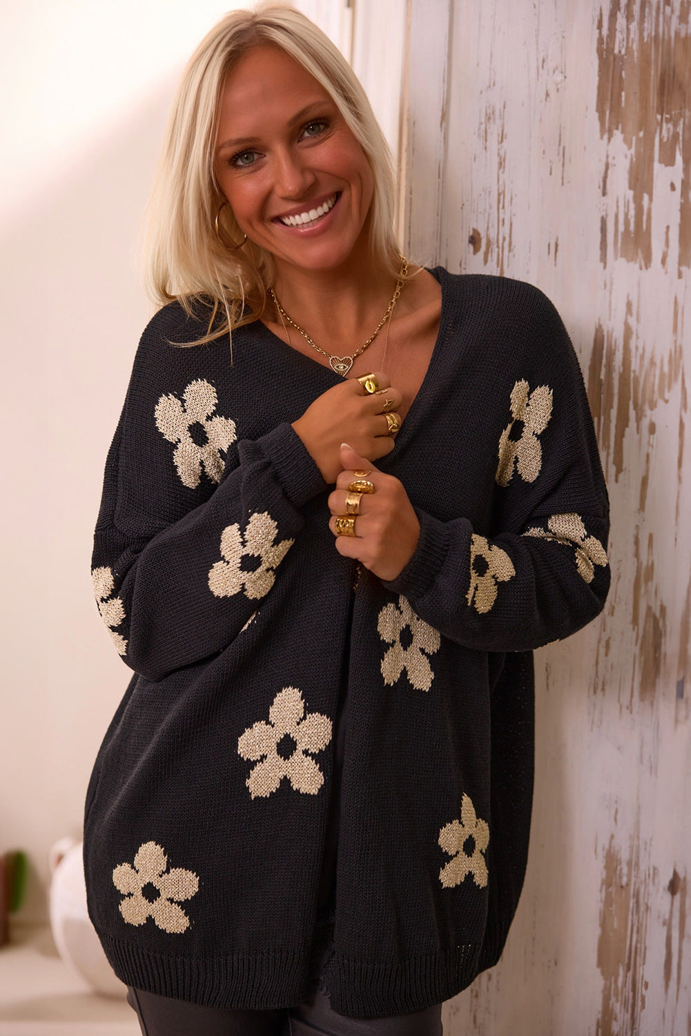 Black Floral Print Knitted Open Front Loose Cardigan | Women