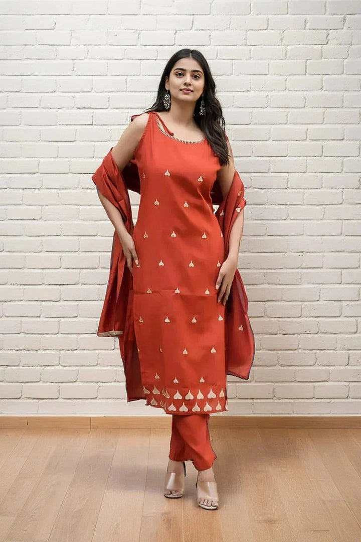 Rust Orange Embroidered Kurta Set with Chiffon Dupatta