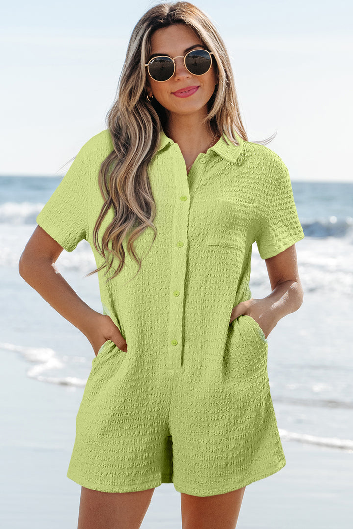Meadow Mist Green Textured Short Sleeve Patched Pocket Buttoned Shirt Romper
