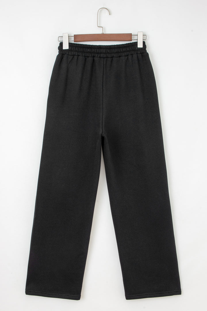 Black Fleece Lined Leopard Drawstring Elastic Waist Solid Pants