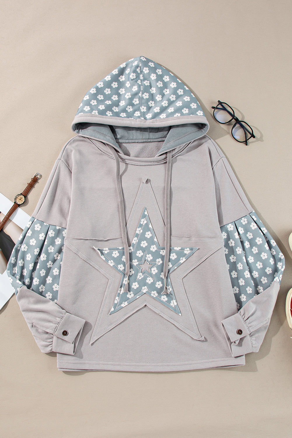 Beau Blue Floral Patchwork Star Pattern Drawstring Hoodie